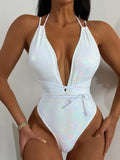 New Shiny One Piece Swimsuit Sexy White Snakeskin Print Deep V Neck Swimwear Backless Bathing Suit Sequin Tassel Skirt Monokini