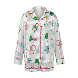 Women's Christmas Satin Pajama Set Long Sleeve Lapel Santa Claus/Christmas Tree Print Shirt Shorts Two Pieces Sleepwear