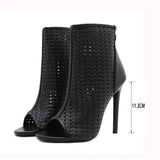 Big Size 42 Sexy Black Hollow Out Summer Boots Women Chic Peep Toe Thin High Heels Zip-up Ankle Boots Party Shoes