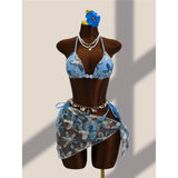 With Sarong Flower Printed Halter Bikini Female Swimsuit Women Swimwear Three-pieces Bikini set Bather Bathing Suit Swim V8321