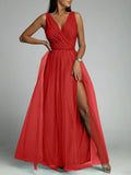 Elegant Solid Color Fine Sparkle Party Dresses Women Temperament V-neck Leace-up Mesh Slit Long Dress Evening Vestidos Female