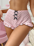 Women Cute Mini Pajama Bottoms Summer Elegant Dots Print Bow Slim Fit Ruffled Shorts for Party Romantic Nights Wear