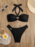 Halter Bikinis 2026 Women Bandeau Swimsuit Solid Sexy Ring Link Swimwear Female Bathers Bathing Swimming Swim Suit Beachwear