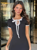 Ahagaga Fashion Women's Mini Dresses Solid Short Sleeves Bows Sheath Slim Fit Bodycon Hollow Out Summer Leisure Sports Vestidos