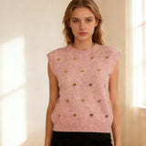Women Sleeveless Crew Neck Heart Loose Tank Top Fashion Sweater Spring Summer Knit Vest Streetwear