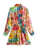 Foridol Floral Boho Tie Dyed Summer Long Sleeve Romper Playsuit Overall Beach Button Shirt Spring Wide Leg Romper Jumpsuit