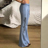 Retro rose letter print low-waist drawstring flared trousers, slim fit and versatile casual trousers