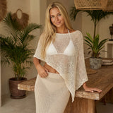 Women Loose See Through Boat Neck Off Shoulder Asymmetrical Crop Coverup Tops Spring Summer Holiday Beach Knitted Poncho