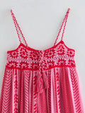 Foridol Crochet Bohemian Summer Dress for Women Spaghetti Strap Red Vintage Tassel Beach Dress Maxi Long Casual Sundress Autumn