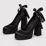 Size 42 Elegant Pink Satin Platform Block Heel Pumps Black Ribbon Wrap Ballerina Bow Wedding Party Dress Heels Shoes Women