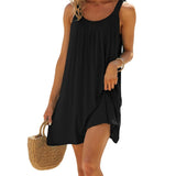 Summer Women's Loose Short Dress for Beach Solid Color Sleeveless Backless U Neck Casual Dress Beachwear