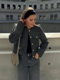 Foridol Tweed Knitted Dark Grey Blazer Coat Women Autumn Winter Gingham Short Coat Office Lady Vintage Buttons Veste