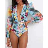 One Piece Swimsuit Sexy Long Sleeve Tropical Print Swimwear Women Bandage Monokini Hollow Out Bathing Suit String Beachwear 2023