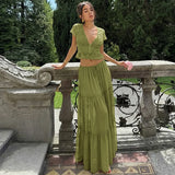 FDYOUI Sexy V-neck Lace Patchwork T-shirt Tops+Long Skirt 2 Piece Set Women's Summer Green Holiday Party Dress Suit Streetwear