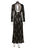 Summer Maxi Dress Women Sexy Sheer Lace Hollow Out Long Sleeve Floral Split Slim Bodycon Solid Casual Beach Party Club Vestidos