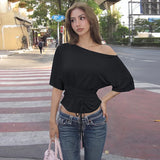 FDYOUI Sexy Short Sleeve Lace-up T-shirts Women 2026 Summer Diagonal Collar Corset Tops Streetwear Y2K Female Bandage T Shirt