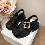 Fashion Crystal Buckle Platform Sandals Women Pink Embroidery Thick Heels Sandalias Mujer Comfortable Heightened Rome Sandals