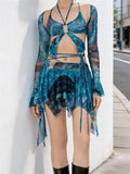 Women 3 Piece Sets Long Sleeve Shrug + Halter Tank Top + Irregular Pleated Skirts Y2K Aesthetic Gothic Sexy Streetwear