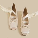 Balletcore Style Satin Lace-Up Flats for Women Black Ballerina Bow Detail Square Toe Ankle Wrap Ribbon Ballet Coquette Shoes