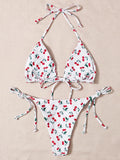 With Mesh Sarong Skirt Cherry Printed Bikini Female Swimsuit Women Swimwear Three Pieces Bikini Set Bathing Suit Swim Beachwear