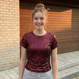 Women's Summer Solid Color Basic T Shirts Stylish Sequin Short Sleeve Round Neck Crop Tops for Casual Daily Wear