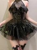 Bat Women Sexy Lingerie Devil Cosplay Costume Punk Y2k Gothic PU Leather Halter Neck Straps Bodysuit Short Mini Dress