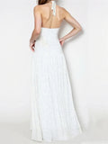 Women Sleeveless Long Dress Halterneck Backless Dots/Floral Slit Dress for Cocktail Party