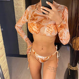 S- XXL Leopard Printed Long Sleeve Bikini Women Swimwear Female Swimsuit Three-piece Bikini set Bather Bathing Suit Swim V3193SW