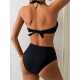 S - XL Metal Ring Halter Female Swimsuit High Waist Bikini Women Swimwear Two-Pieces Bikini Set Bather Bathing Suit Swim V6933