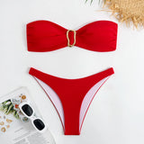 sexy solid black and red bandeau bikinis sets two pieces metal high waist thong swimsuit bathing suit swimwear biquini bakini