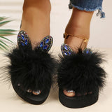 Faux Fur Wedges Slippers for Women Spring Autumn Fashion Crystal Detor Platform Slides Woman Slip On Open Toe Slippers Female