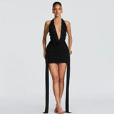 FDYOUI Elegant Halter Neck Water Drop Decoration Party Club Dress for Women 2026 Backless Bandage Folds Short Evening Dresses