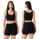 Women 2 Piece Sets Summer Fitness Short Sets Sleeveless Square Neck Crop Vest + Loose Shorts Casual Tracksuits