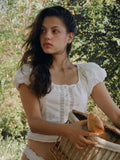 Foridol White Cotton Women Summer Crop Tops Lace Patchwork Short Female Tops Puff Sleeve Square Collar Slim Top Blouse 2025