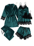 5 Pieces Women's Satin Sleepwear Pajama Set Robe Sexy Lingerie Bathrobe Lace Silk Night Dress Trousers Home Clothed Nightwear PJ