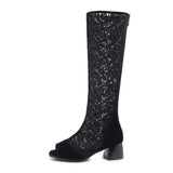 Fashion Women Knee High Boots Square Heel Zipper Sexy Lace Mesh Boots Spring Cool Boots Breathable Women's Shoes Botas De Mujer