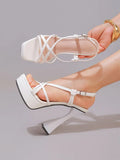 2027 New Arrival Weave Narrow Band Back Buckle Strap Women Platform Sandals Strange High Heels  Party Dress Shoes Size 42