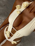 3D Flowers Deep V Neck Halter Women Backless Swimwear One Piece Swimsuit Female High Cut Monokini Bather Bathing Suit Swim Lady