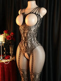 Sheer Floral Jacquard Fishnet Bodysuit - High Stretch, Open Chest, Women's Sexy Lingerie Crotchless Bodystockings Erotic Outfits
