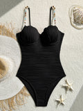 DEKA Sexy Shell Shape Underwire  One Piece Swimsuit Bikini Tie Side Swimwear Women Colorful Pearls Strap Push Up Bathing Suit