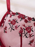 Wine Red Embroidered Floral Lingerie Set - Sexy Bra And G-string Combo with Heart Decoration Underwear Set for Women ZA824026