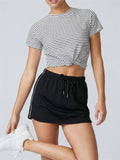 Women's Yoga Outfit Set Black Stripe Tennis Skirt Workout Clothes Short Sleeve O Neck Sports T Shirts Mini Skorts Fitness Sets