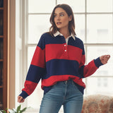 Women Long Sleeve Spring Fall Lapel Collar T-shirts Striped Contrast Color Loose Pullovers Streetwear Tops