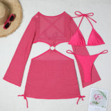 Women micro mini halter bikinis sets 3pcs with knitted long sleeve hollow out mini dress swimsuit bathing suit beach outfits