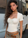 FDYOUI Women's Fashion Lace Patchwork T-shirt Streetwear Ladies Sexy Short Sleeve Bandage Tops Tees Y2K Slim Corset T Shirts