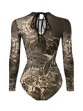 2026 Printed Mesh Swimsuit One Piece & Beach Dress Long Sleeves Swimwear Women Bathing Swimming Swim Suit Padded Beachwear