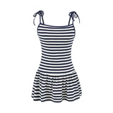 Sweet Double-shoulder Strap Striped Color-block Camisole For Women Unique Design Patchwork Pure Desire Dress Elegant Casual WIKO