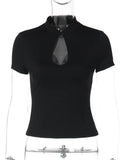 FDYOUI Fashion Stand Collar Button Hollow Out T-shirt for Women 2026 Sexy Short Sleeve Slim Cropped T Shirts Black Wine Red Tops