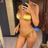 Sexy Satin Halter Brazilian Padded Bikini Female Swimsuit Women Swimwear Two-Pieces Bikini Set Bather Bathing Suit Swim V4966S