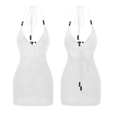 Women Backless Halter Mini Dress Casual Summer Knit Crochet Cutout Bodycon Party Dress for Beach Club Streetwear